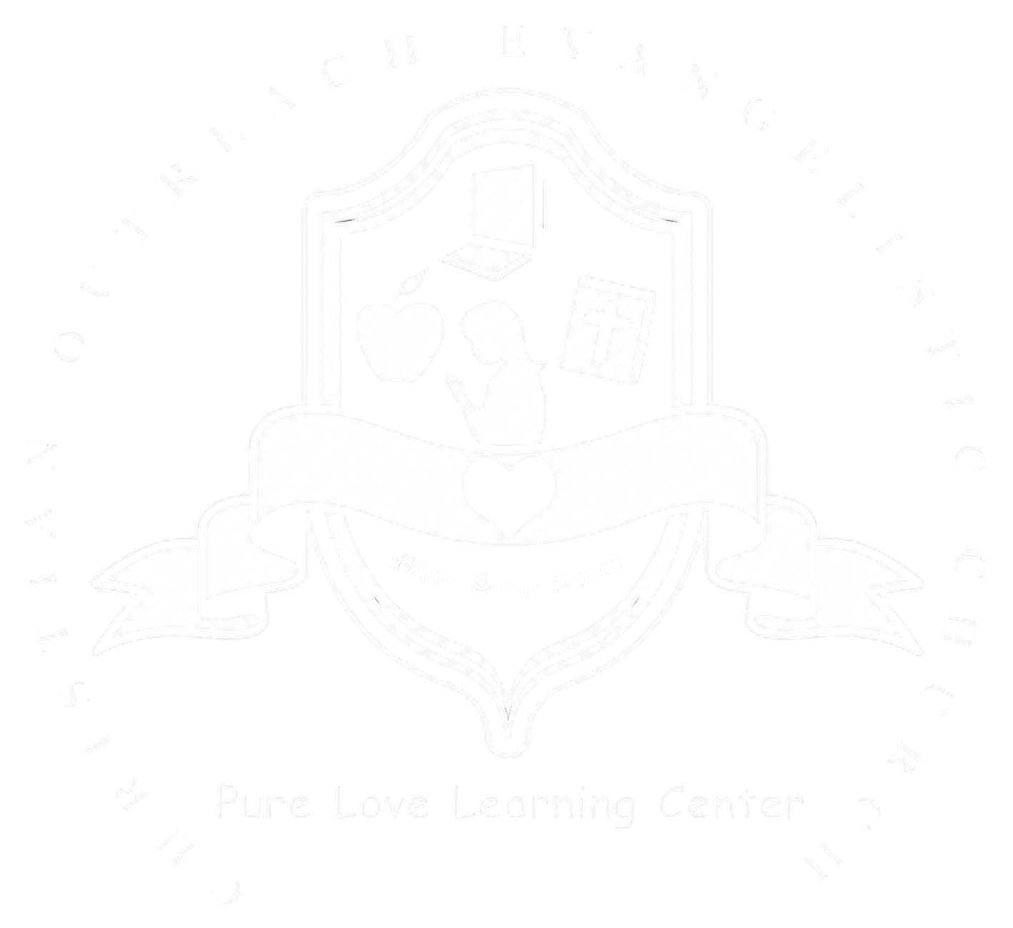 Faint circular logo with a shield and banner, text barely visible on a white background