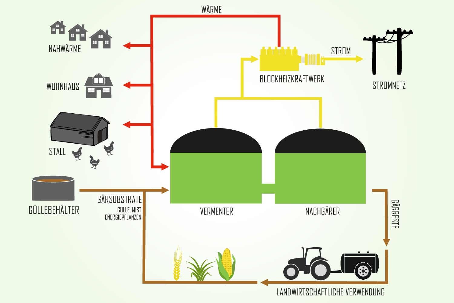 Schematische Darstellung Funktionsweise Biogasanlage zur Strom- und Wärmeerzeugung