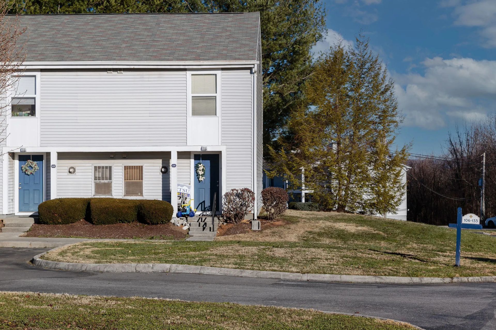Two-story light blue townhouses with blue doors, shrubs, and a mailbox on a sunny day.