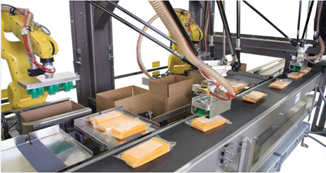 Robots on an assembly line packaging food items.
