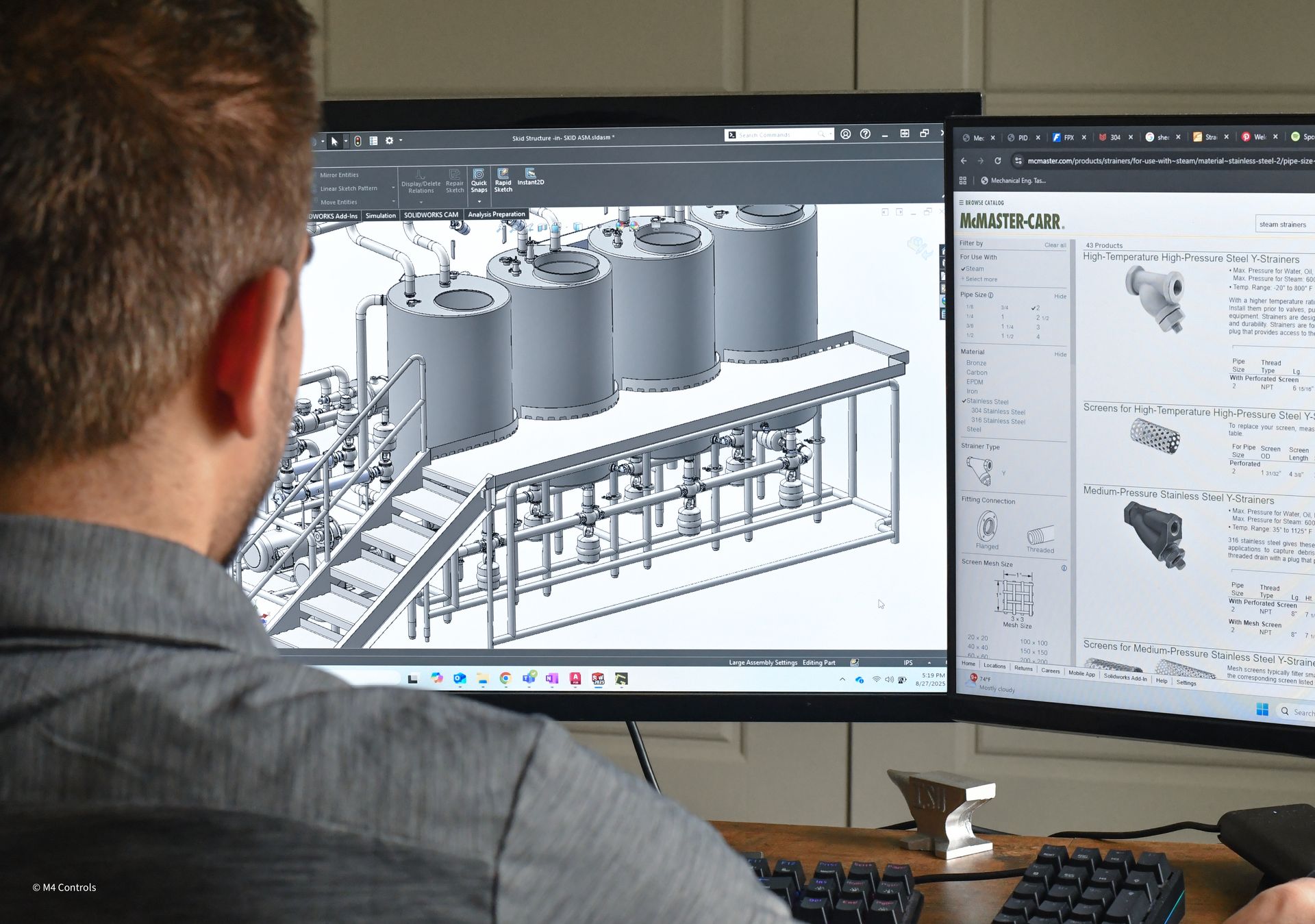 Person designing on computer, showing a 3D model on one screen and notes on the other.