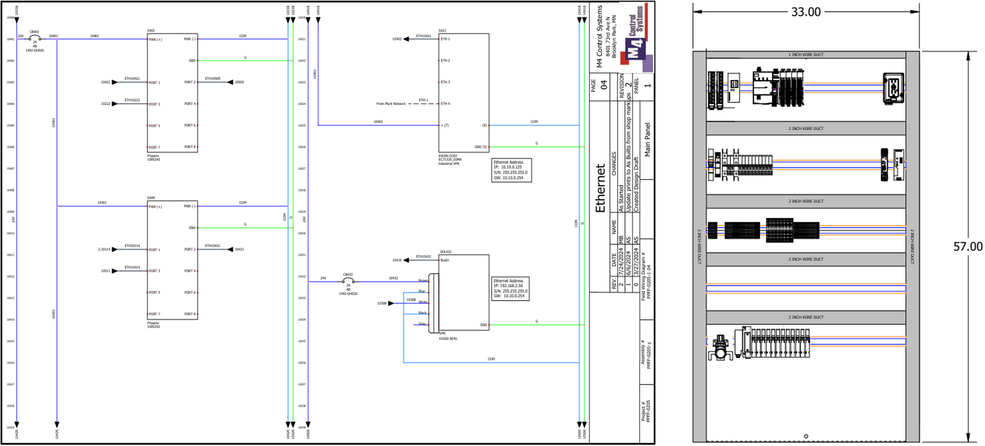 Electrical schematic and cabinet layout with dimensions.
