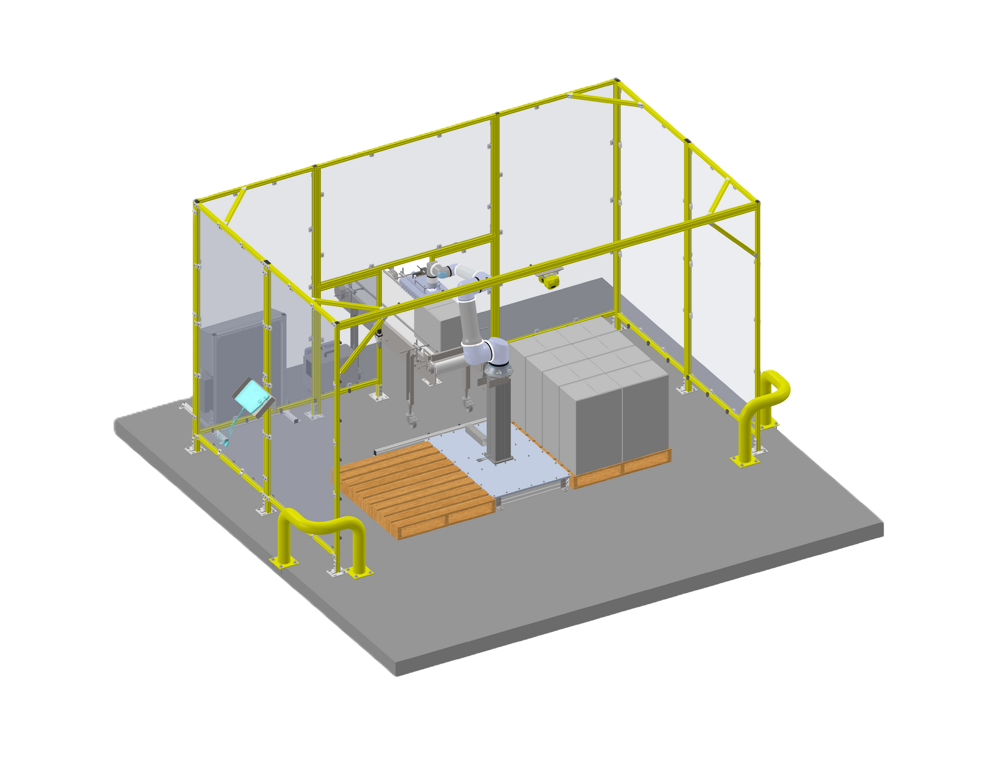 Robotic arm in a yellow cage, loading packages. Gray platform with pallets and machine.