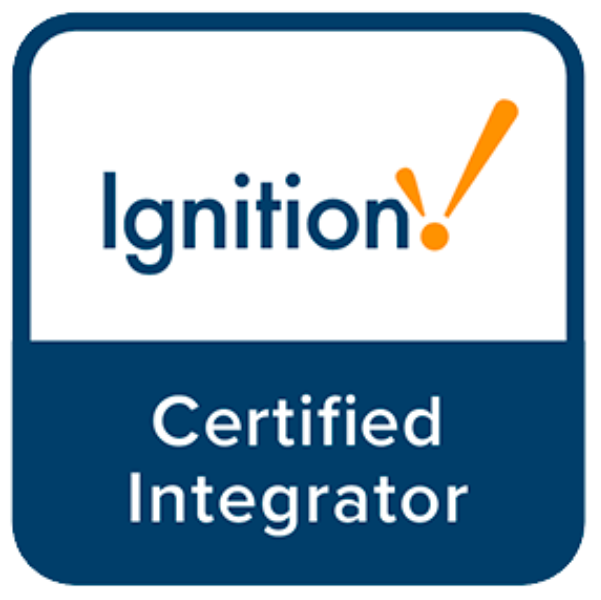 Logo for Ignition Certified Integrator: white and navy blue rectangle with text, orange checkmark icon.