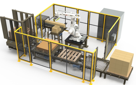Robotic arm in a yellow-fenced industrial workspace stacks boxes onto pallets.
