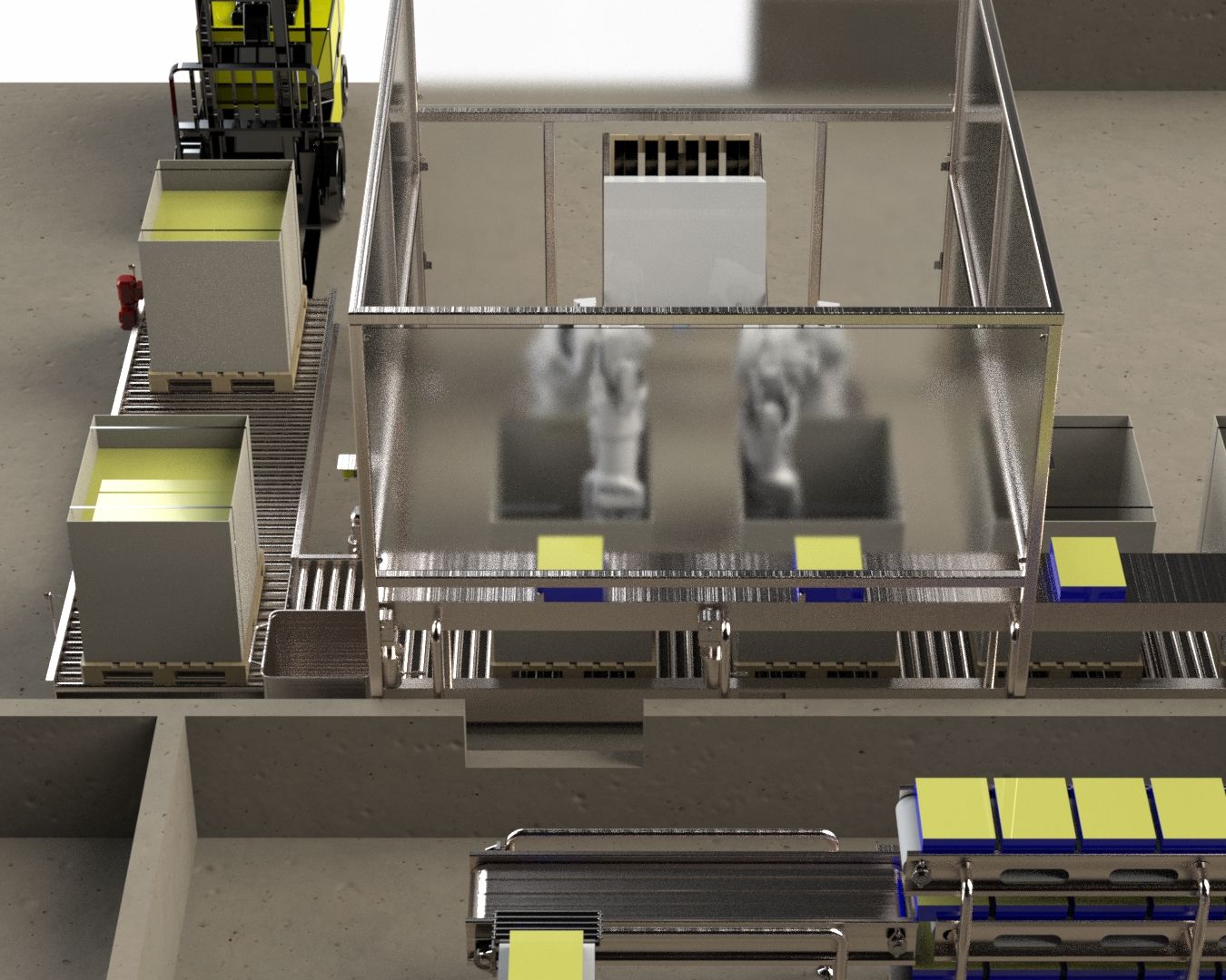 Robots in a transparent enclosure on an assembly line with yellow and gray components.