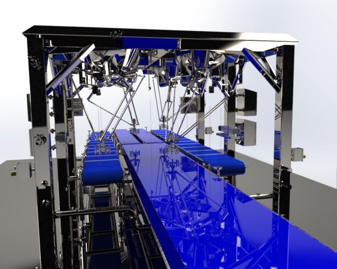 Shiny blue robotic production line with conveyor belt and overhead arms.