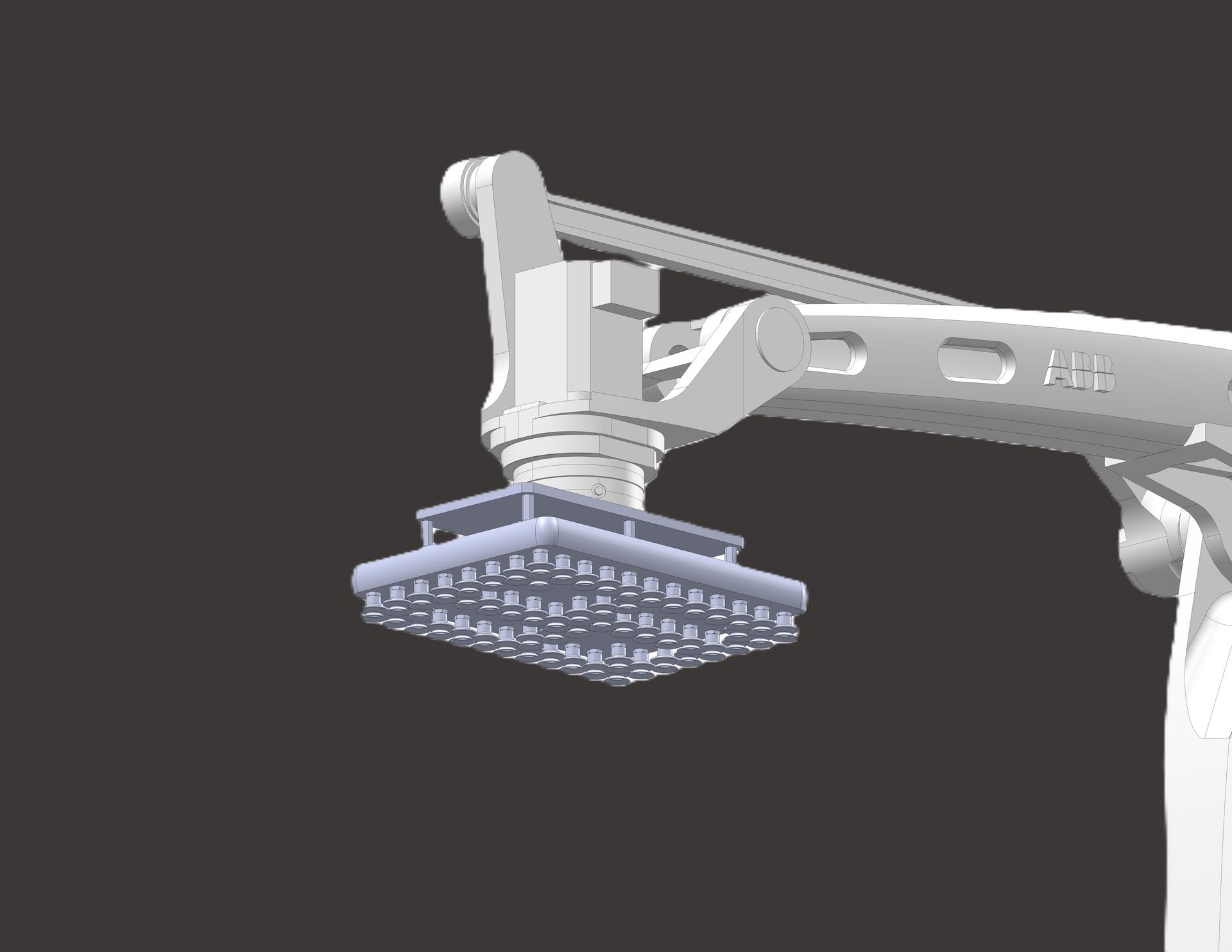 Robot arm holding a square, grid-like structure, possibly a pallet, against a dark background.