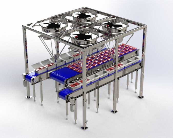 Robotic food sorting system: containers above, conveyors below, stainless steel frame.