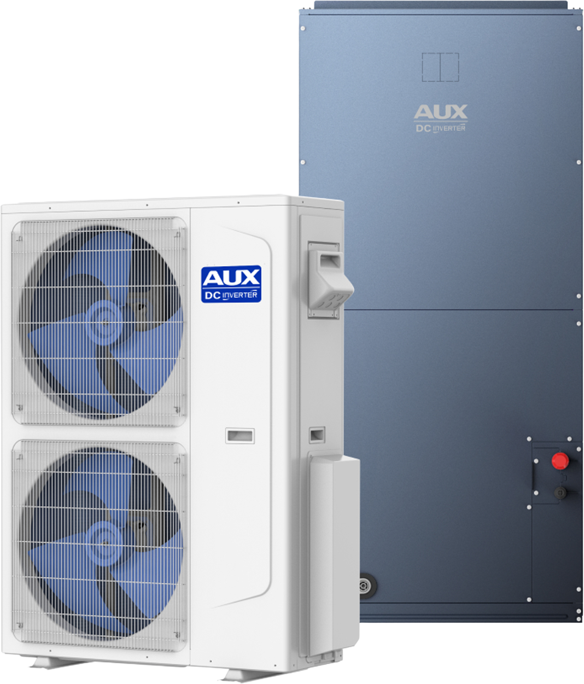 White and blue AUX heat pump system outdoors; includes a large compressor unit and a tall, blue indoor unit.