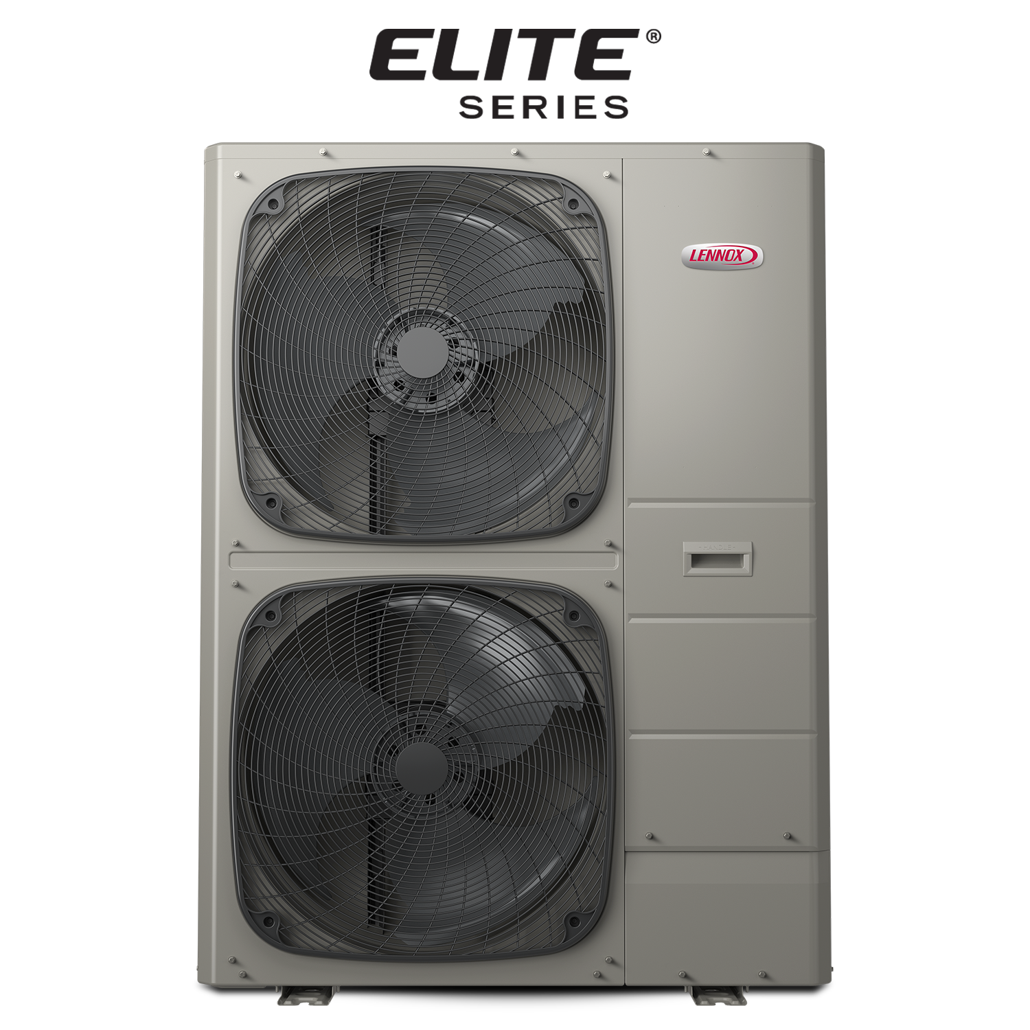 Lennox heat pump, outdoor unit, two fans, gray metal.
