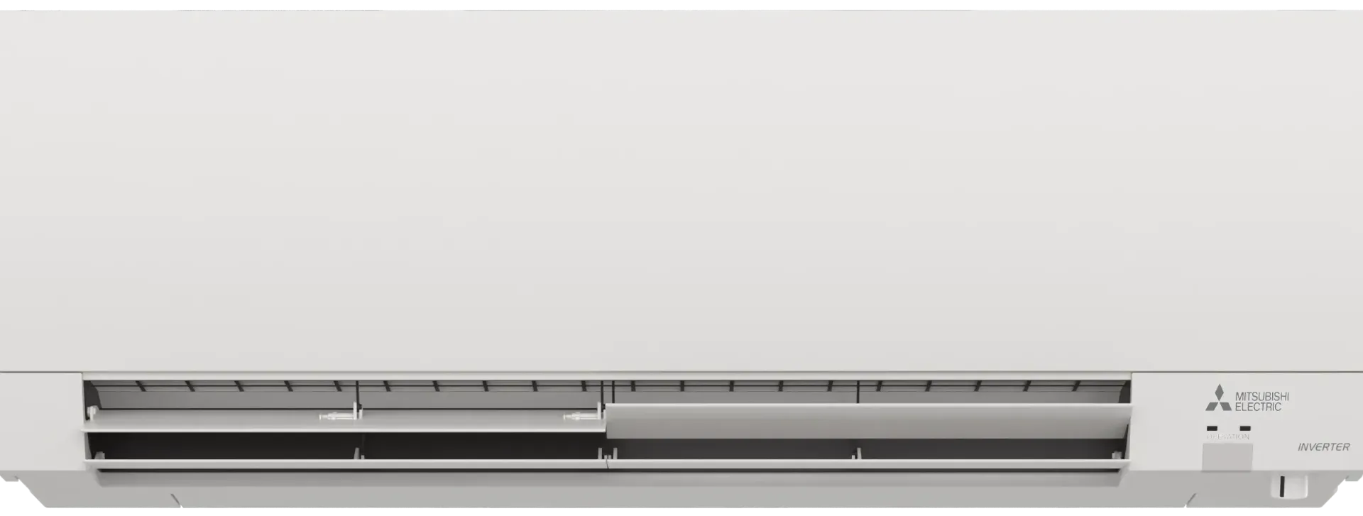 White wall-mounted air conditioning unit with vents along the bottom and control panel on the right.