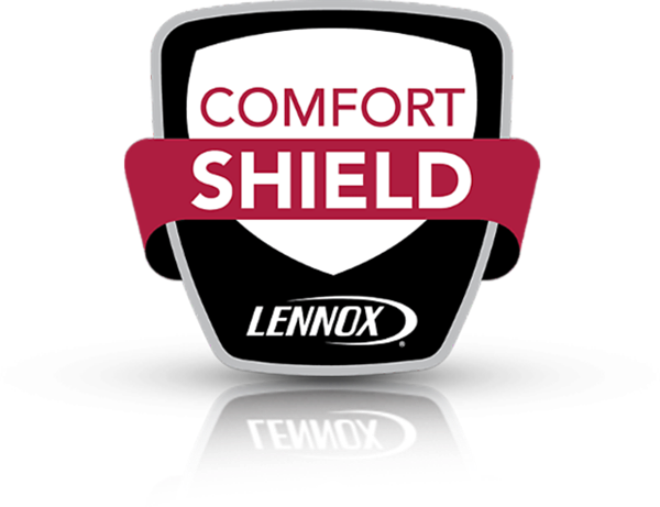 Lennox Comfort Shield logo: white shield, burgundy banner with text, black background, and reflected shadow.