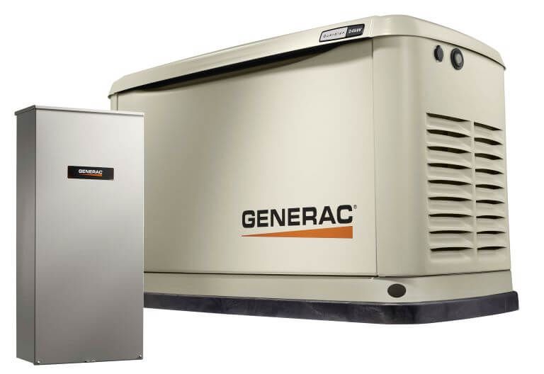 Generac home standby generator with transfer switch; beige unit with steel enclosure, outdoors.