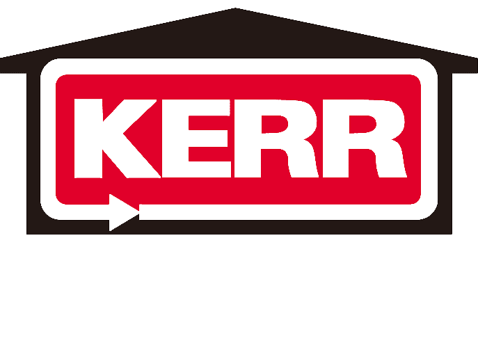Logo for Kerr, red rectangle with white text inside a black house outline. White arrow.