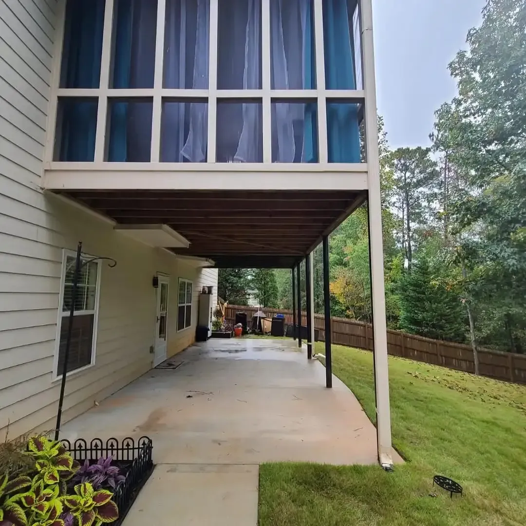 Before installing under deck ceiling system with two ceiling fans, outdoor speakers and LED lighting.