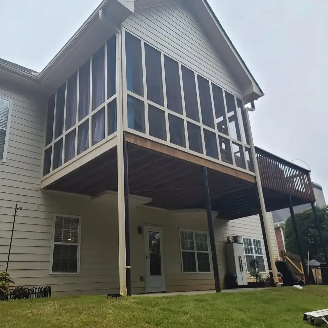 Before installing wicker color aluminum under deck ceiling with two built in ceiling fans, outdoor speakers and LED lights.
