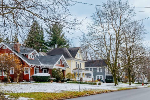 A row of houses on a snowy street with trees in the background.