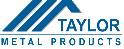 A blue and white logo for taylor metal products