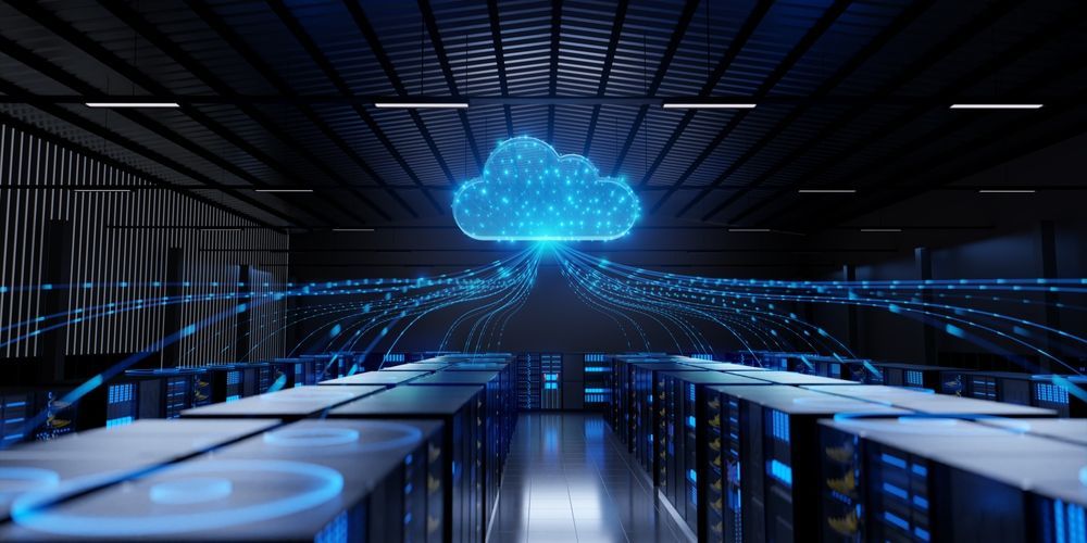 A glowing digital cloud icon floats above rows of dark server racks, connected by flowing streams of blue light.
