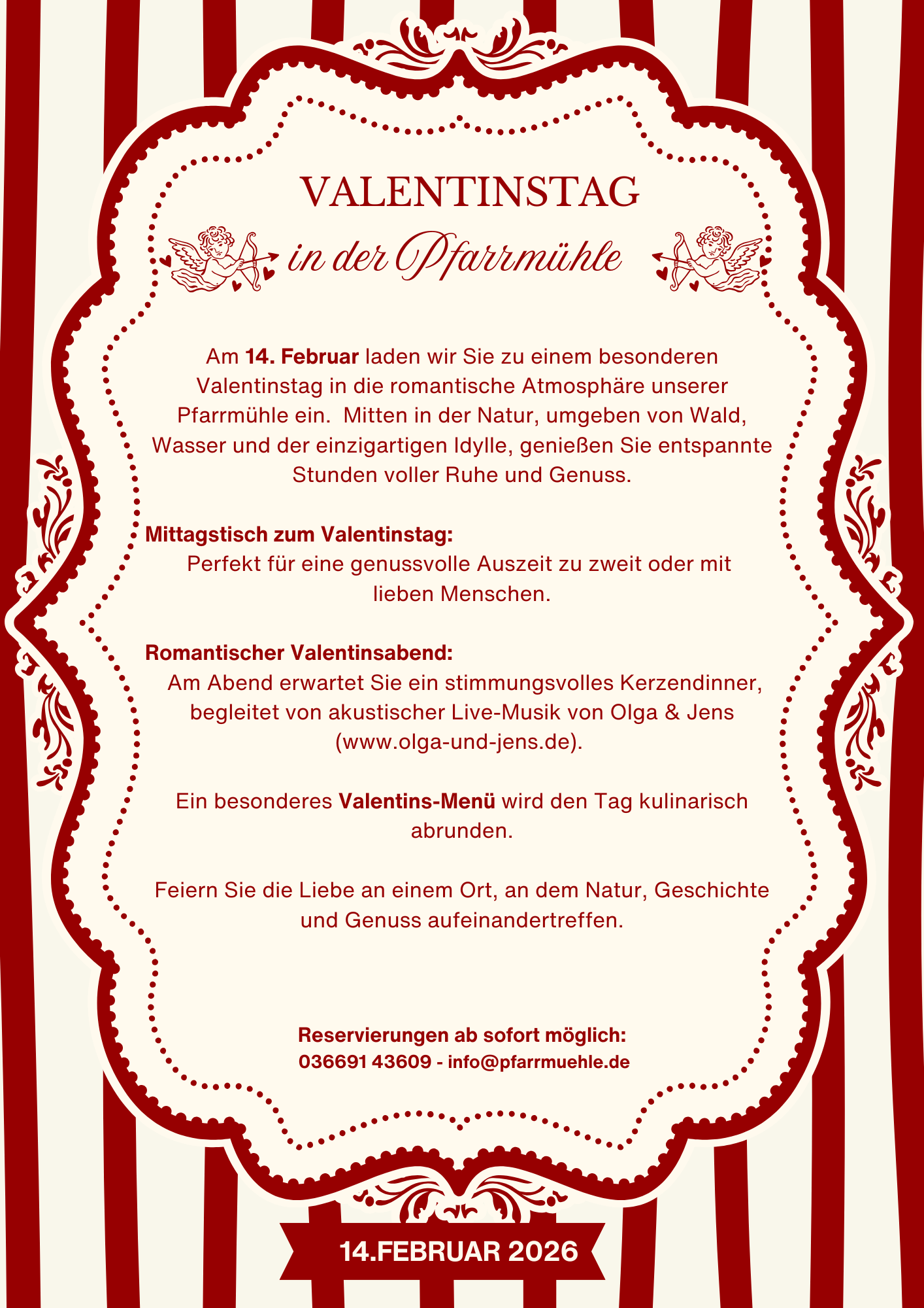 Valentinstagsplakat in deutscher Sprache, rot und weiß, mit einem Text über die Feier der Liebe und Gemeinschaft am 14. Februar 2024.