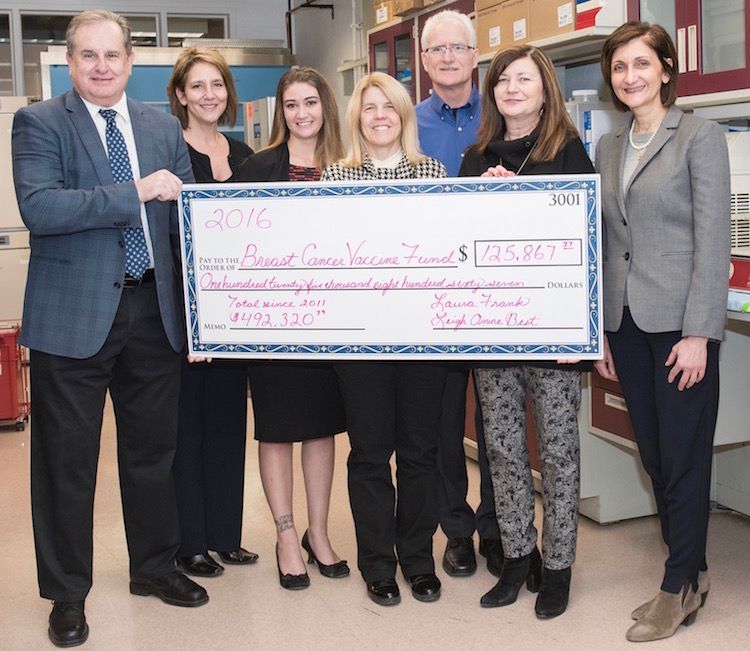 Dr. Tuohy and group with large check in 2016 for Breast Cancer Vaccine Fund | Brakes For Breasts