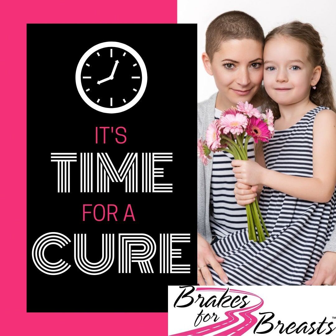 It's Time For a Cure | Mother posed with daughter holding pink flowers | Brakes For Breasts