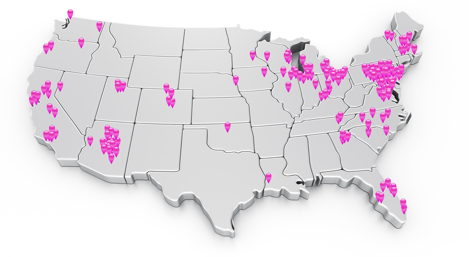 Large map of United States indicating participating locations in pink - Brakes For Breasts