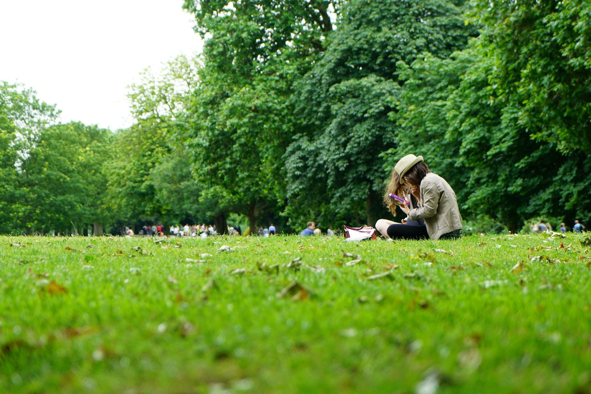 A man and a woman are sitting on the grass in a park.