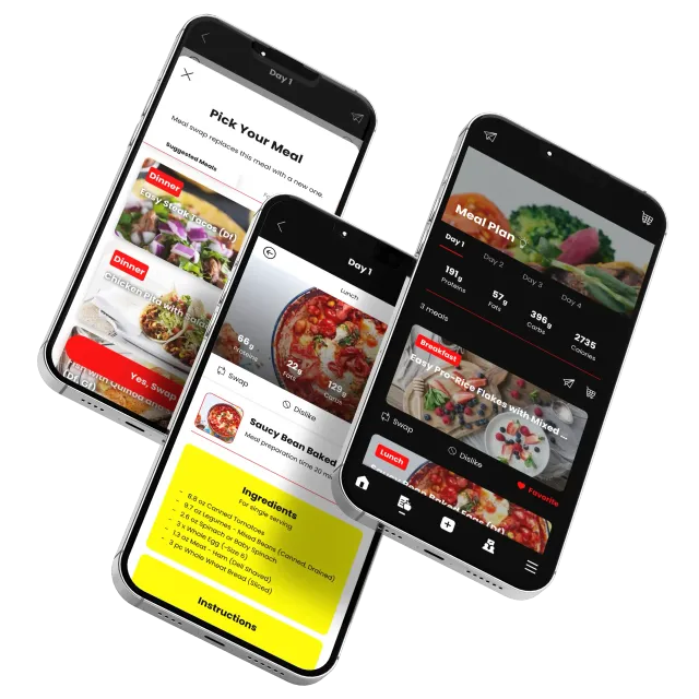 Three smartphones displaying a food app interface with images of dishes; black background and red accents.