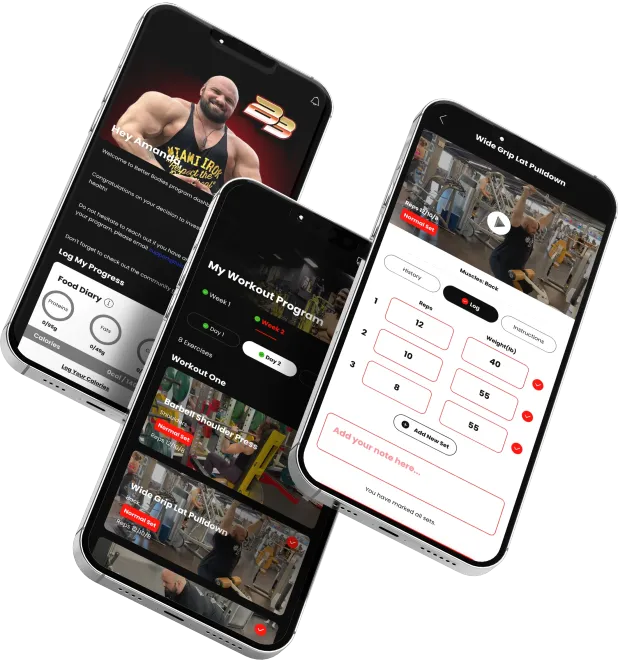 Three smartphones displaying a fitness app interface with workout videos and timers.