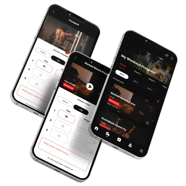 Three smartphones displaying a fitness app interface with workout videos and timers.