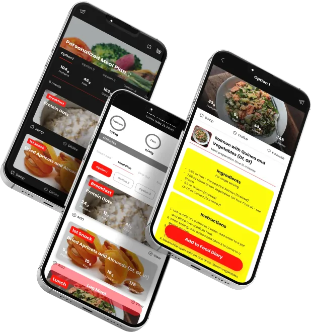 Three smartphones displaying a food app interface with images of dishes; black background and red accents.