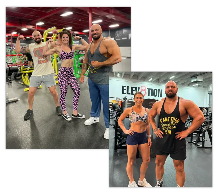 Two photos of people in a gym. People flex their muscles. The gym has colorful equipment.