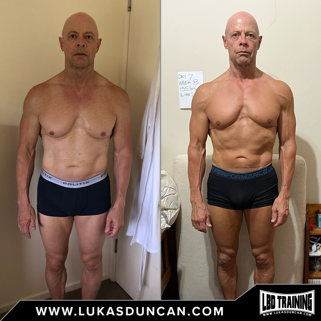 Side-by-side before/after a fitness program.