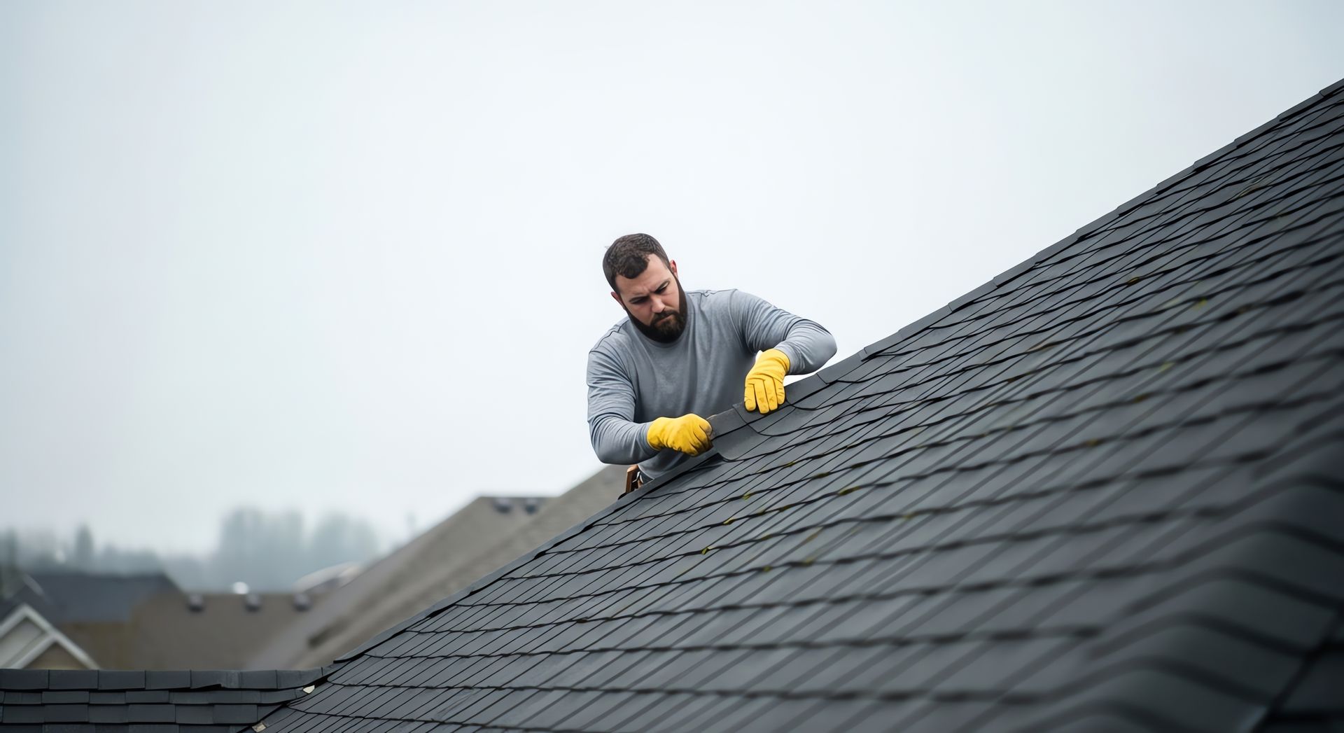 A skilled roofer performs a residential roof repair on a shingle roof before a storm.