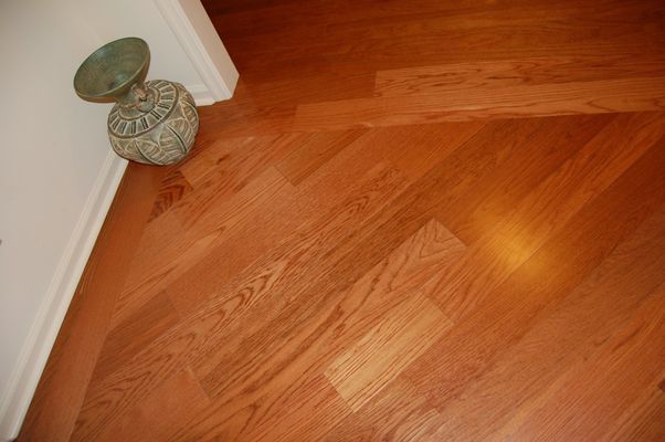 A vase is sitting on a wooden floor next to a door.