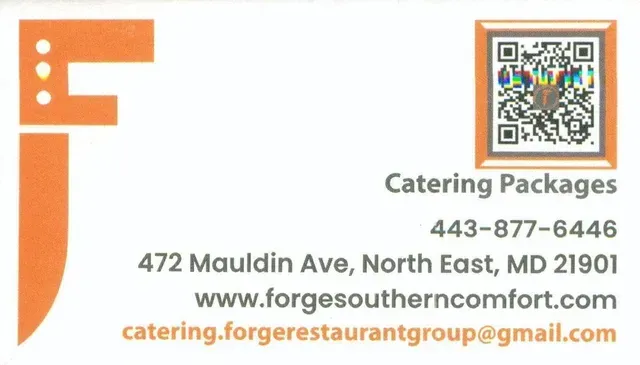 Business card for Catering Packages. Features phone, address, website, and email. Orange and white.