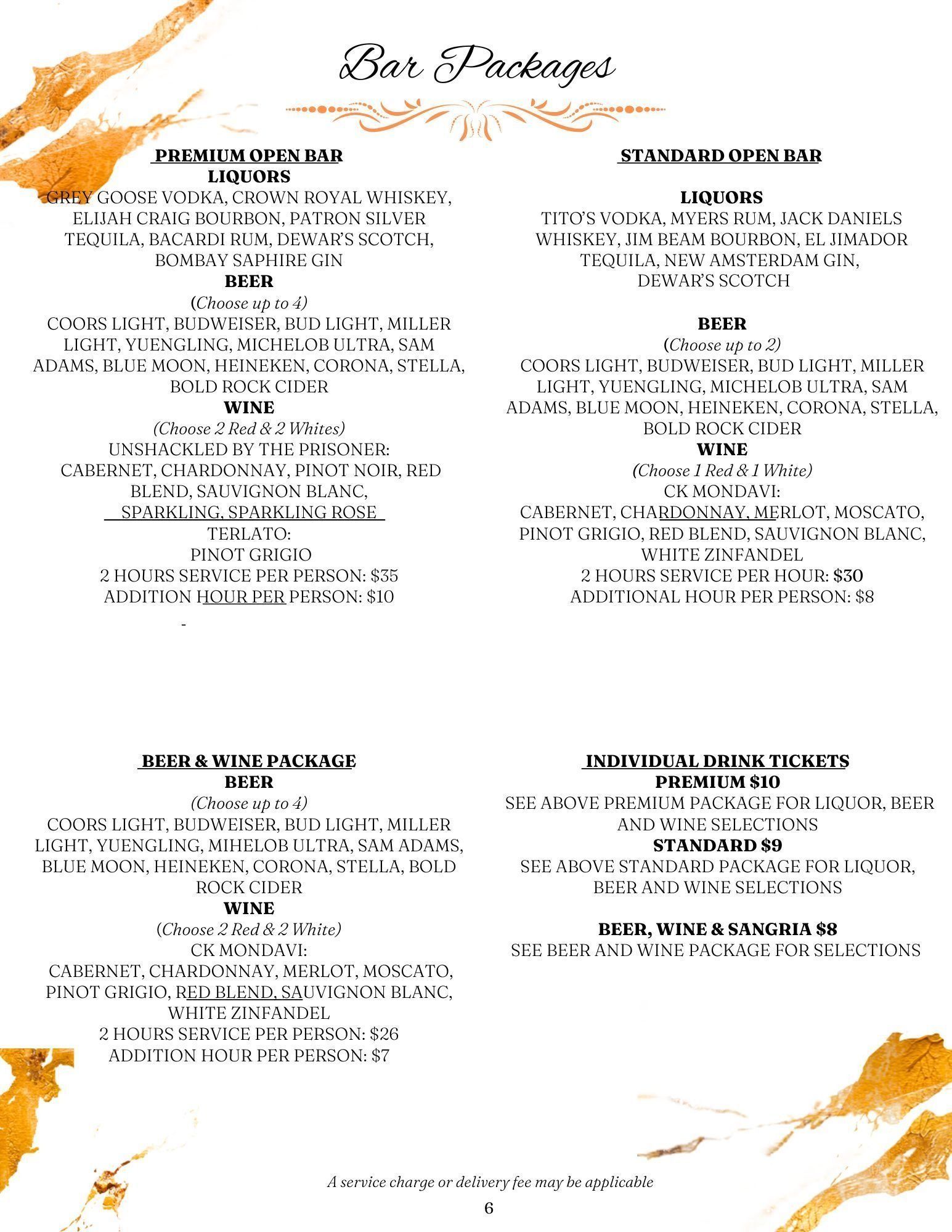Bar Packages menu with gold accents listing drink options.