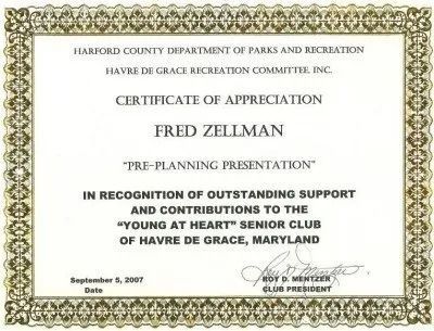 Certificate of Appreciation for Fred Zellman from Harford County for supporting the Young at Heart Senior Club in Havre de Grace, Maryland.