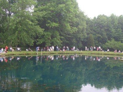 People fishing at the edge of a pond with trees in the background, reflections on the water.