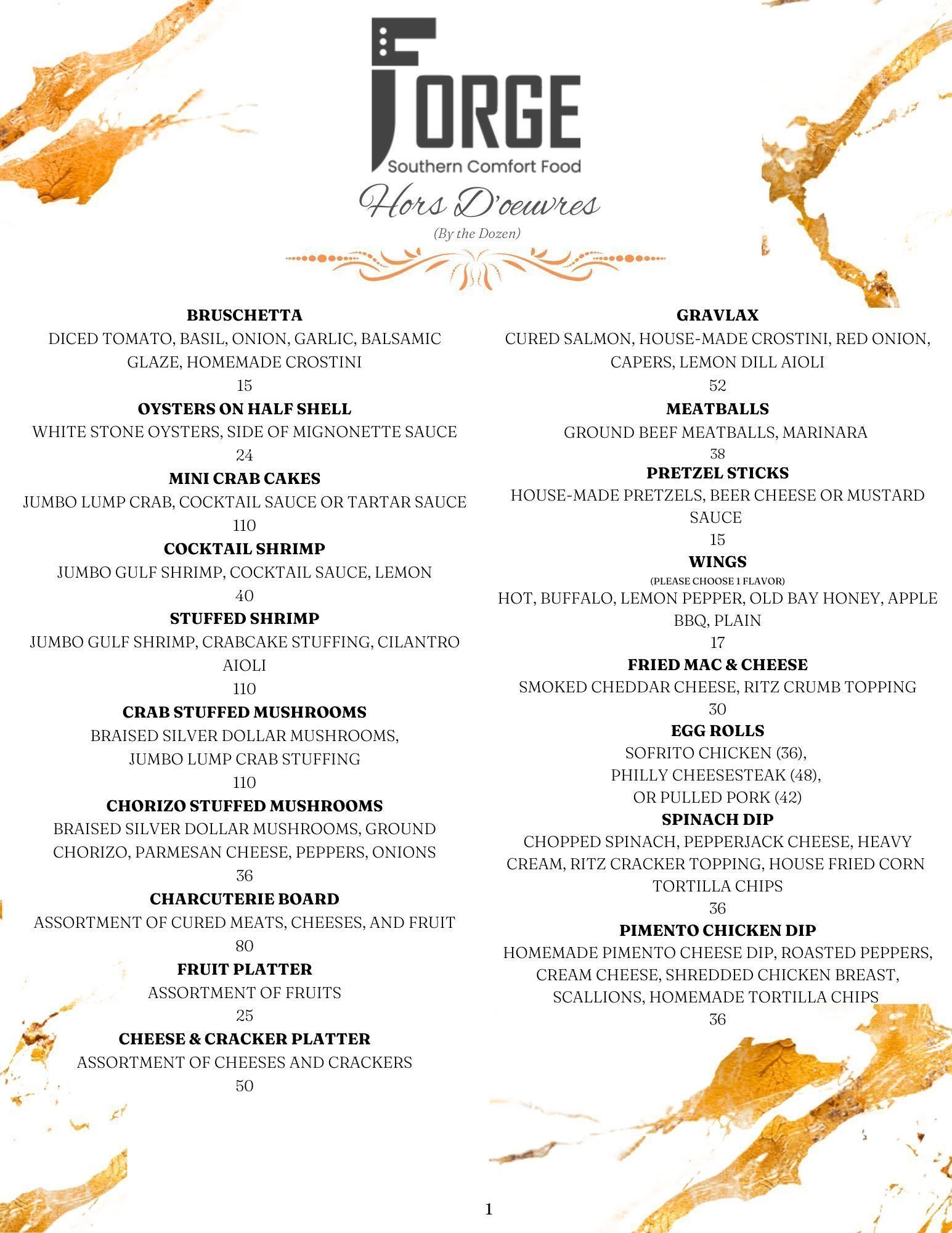 Menu from Forge Southern Comfort Foods with appetizers, and drink list on a marble background.