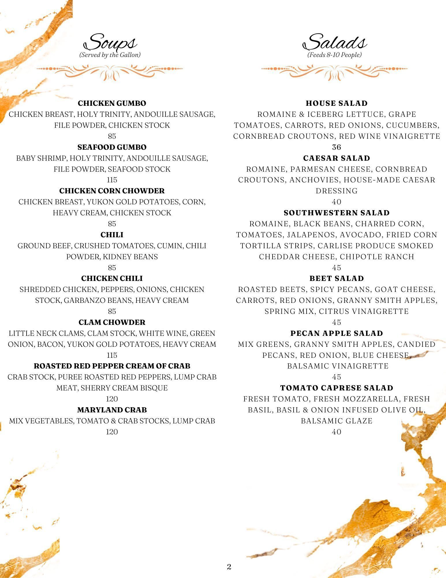 Menu with gold marble background, featuring text for Soups, Salads, and their prices.