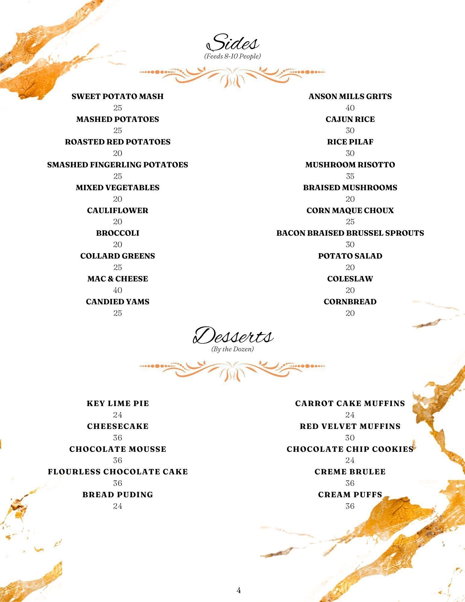 Menu of sides and desserts on a white background with gold decorative accents.