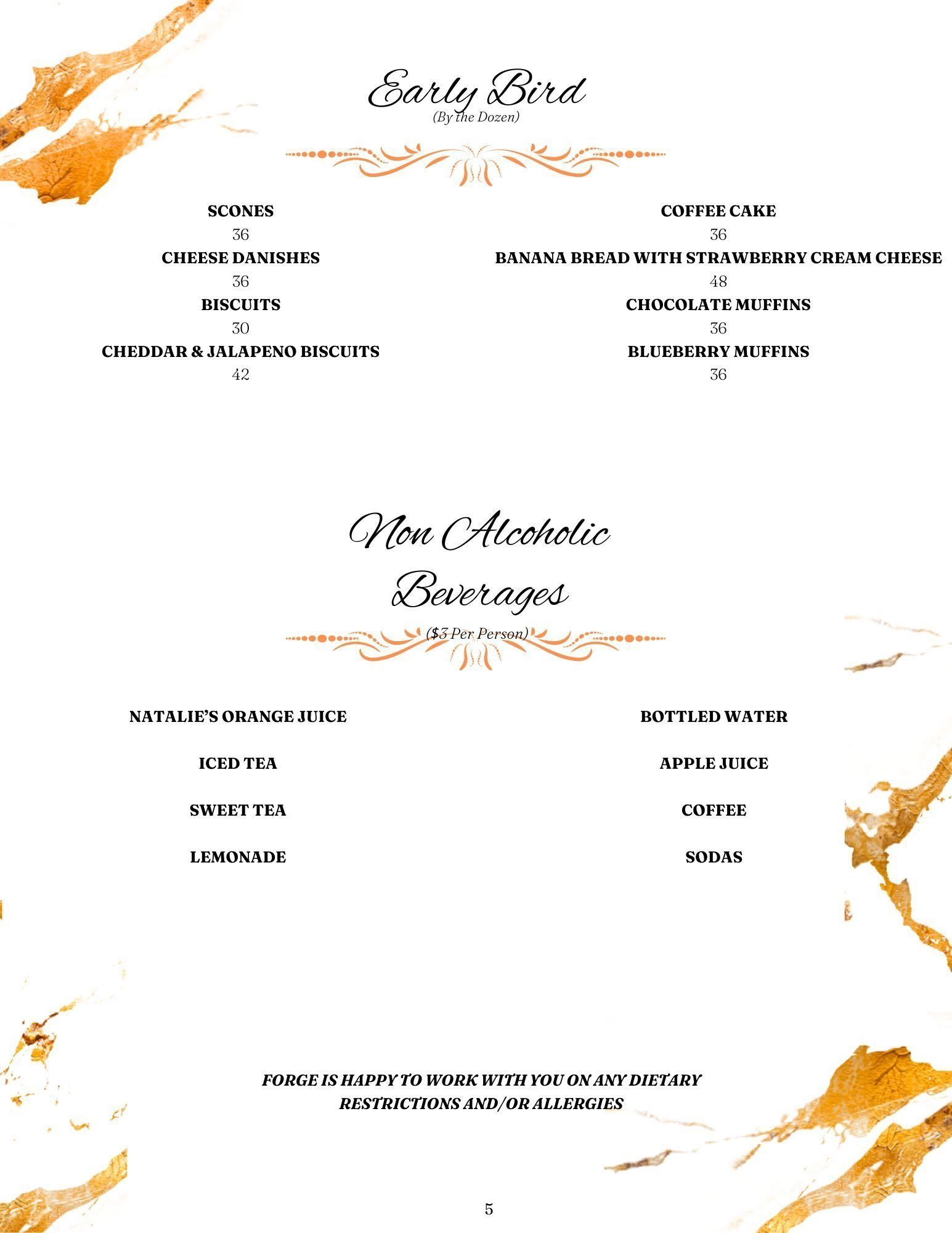 Menu with early bird specials and non-alcoholic beverages, designed with gold accents.