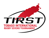 TIRST logo for Tobago International Rugby Sevens Tournament, black text with red island silhouette