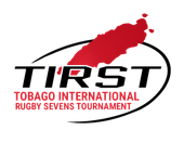 Tobago International Rugby Sevens Tournament logo with red Tobago silhouette and black oval