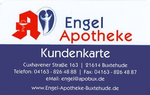 A blue and red logo for engel apotheke kundenkarte