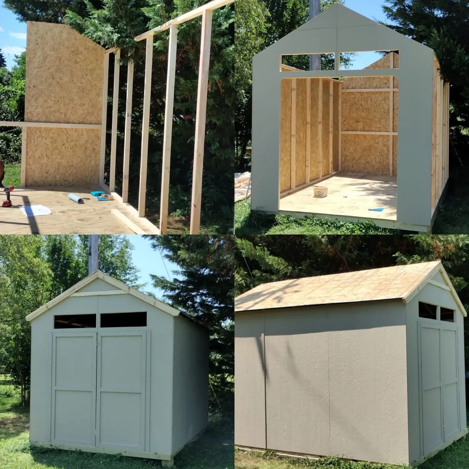 Collage of a small gray shed under construction, shown framed and completed outdoors.