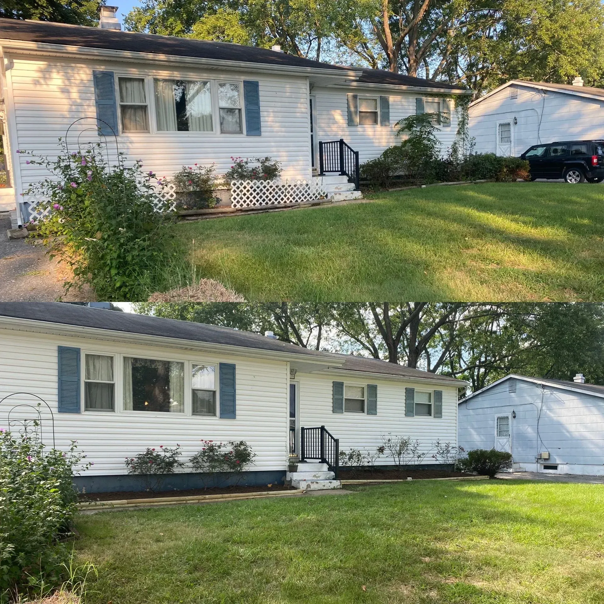 Before-and-after view of a white ranch house with blue shutters, green lawn, and a detached garage.